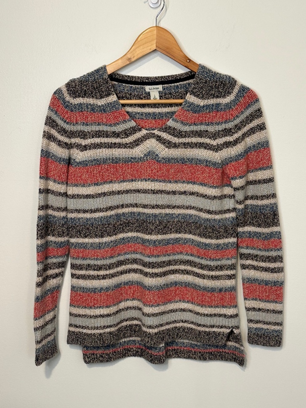 LL Bean Sweater Women's Size Small Pullover Tunic Striped V-Neck Long Sleeve